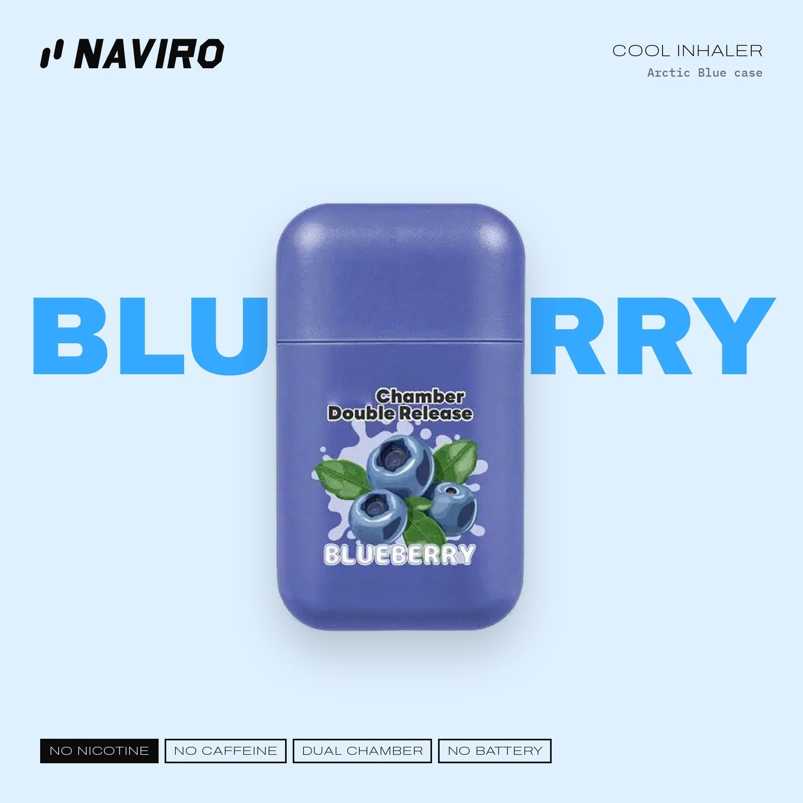 Naviro Cool Inhaler Blueberry – dual-chamber aromatherapy nasal stick, Arctic Blue case
