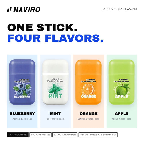 Naviro Cool Inhaler flavor lineup: Mint, Blueberry, Green Apple, Orange