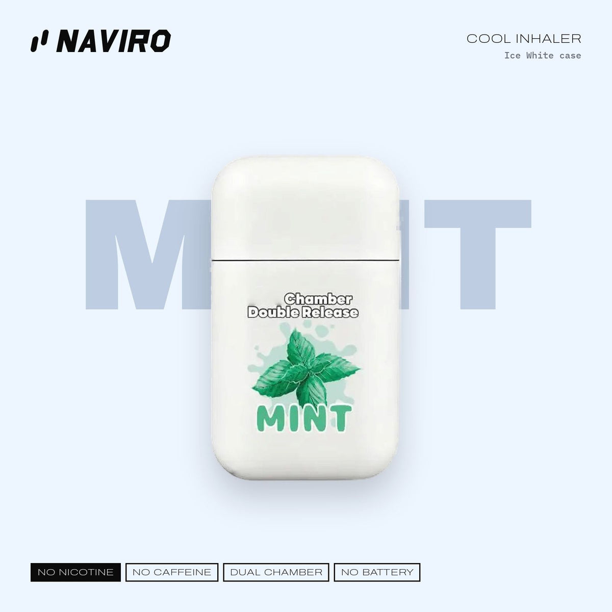 Naviro Cool Inhaler Mint – dual-chamber aromatherapy nasal stick, Ice White case