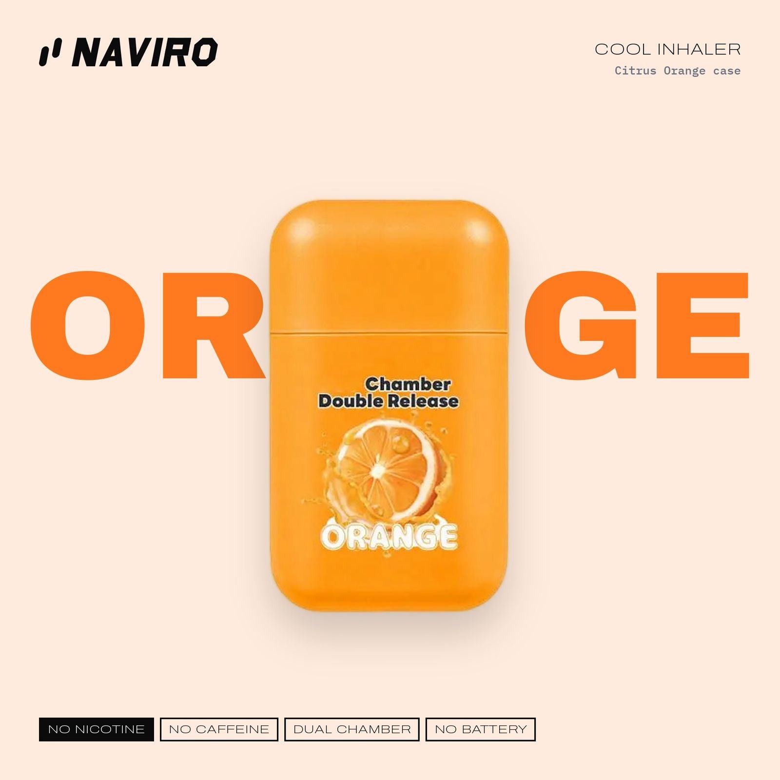 Naviro Cool Inhaler Orange – dual-chamber aromatherapy nasal stick, Citrus Orange case